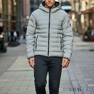 Spyder Puffer Insulated Jacket Mens Medium Full-Zip Gray Packable New With Tags